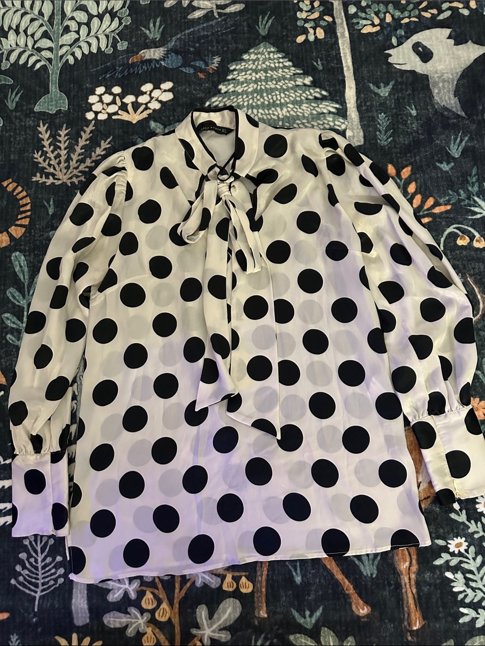 Polka Dot Tie-Neck Blouse - Black & White